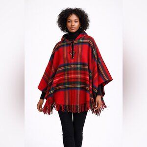 Vintage Edinburgh Woollen Mill Red Plaid Tartan Wool Poncho Cape Hooded Fringe
